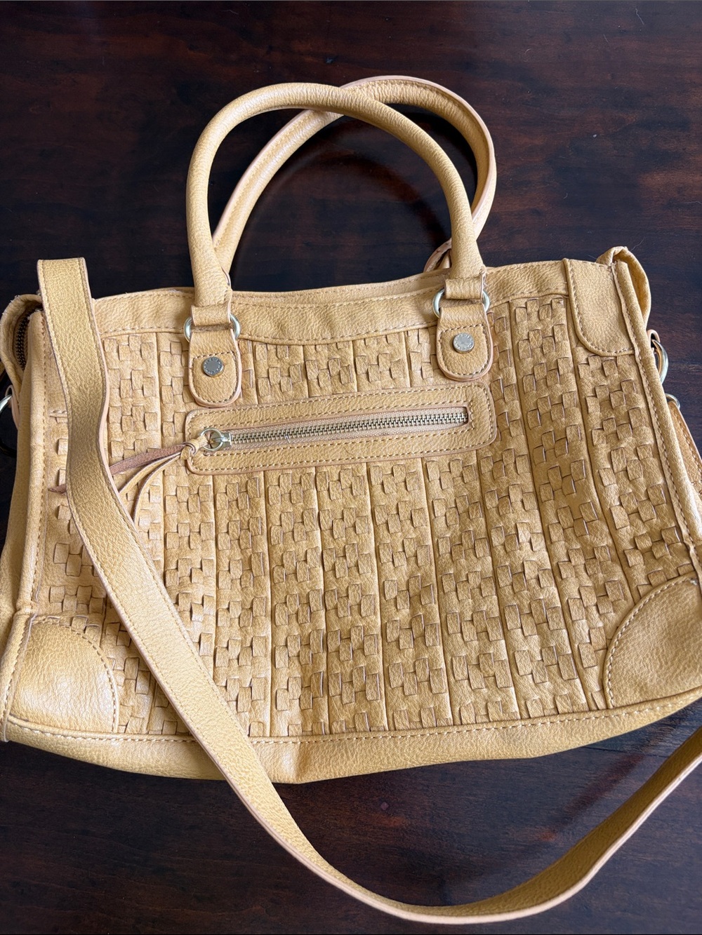Steve Madden Woven Shoulder Satchel in Mustard Yellow